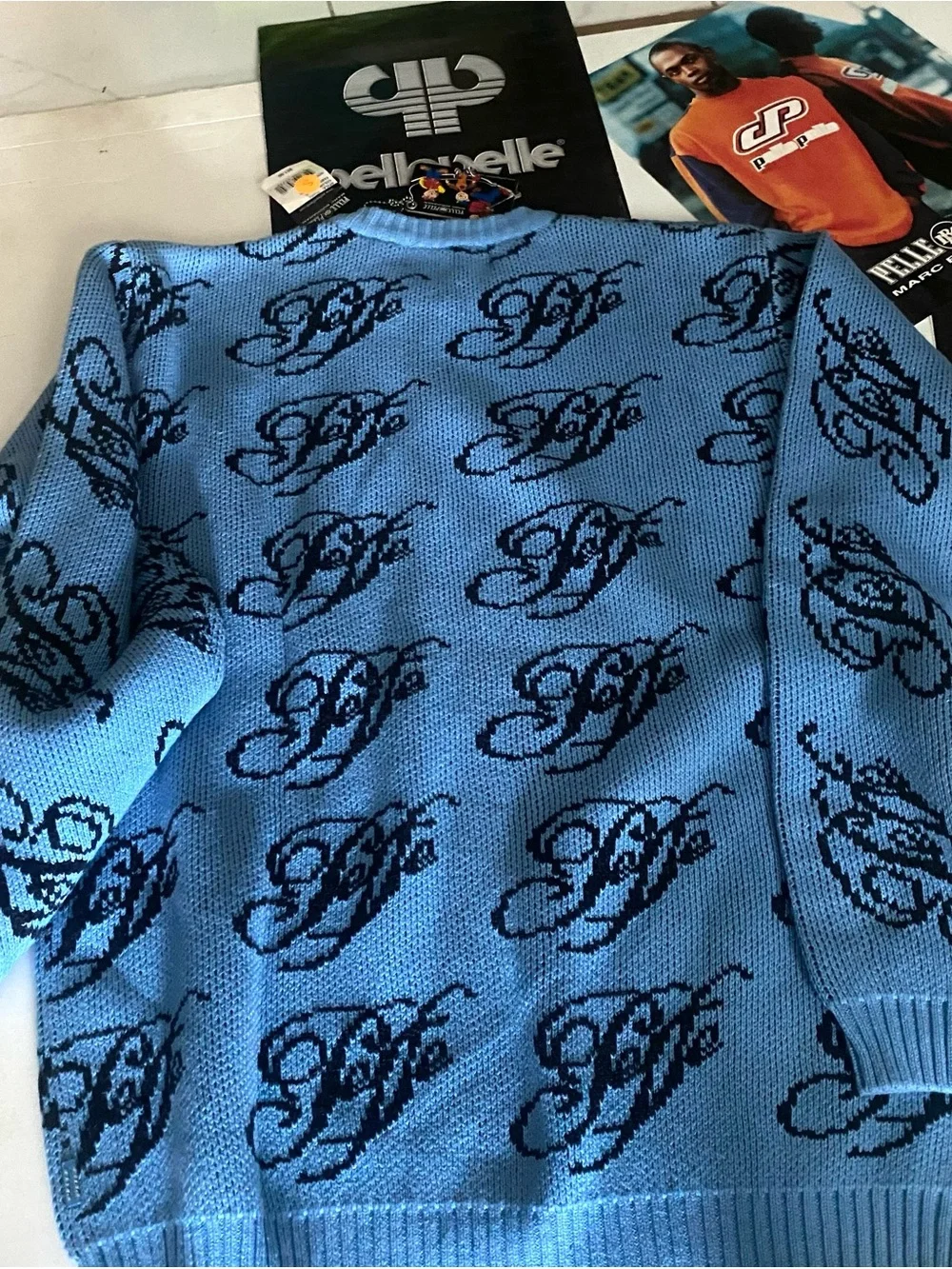 Pelle Pelle Light Blue Crewneck Sweater with Navy Script Logo - Picture 7 of 7